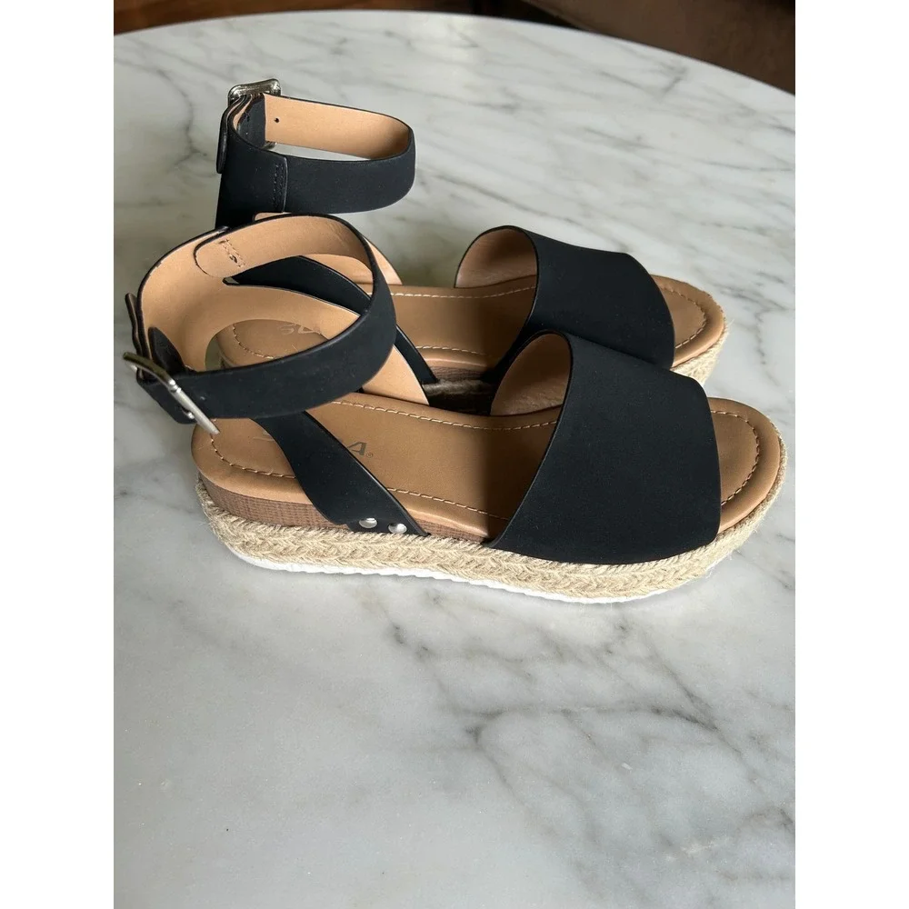 Soda Womens Black Espadrille Platform Sandals Ankle Strap Wedge Open Toe 7.5